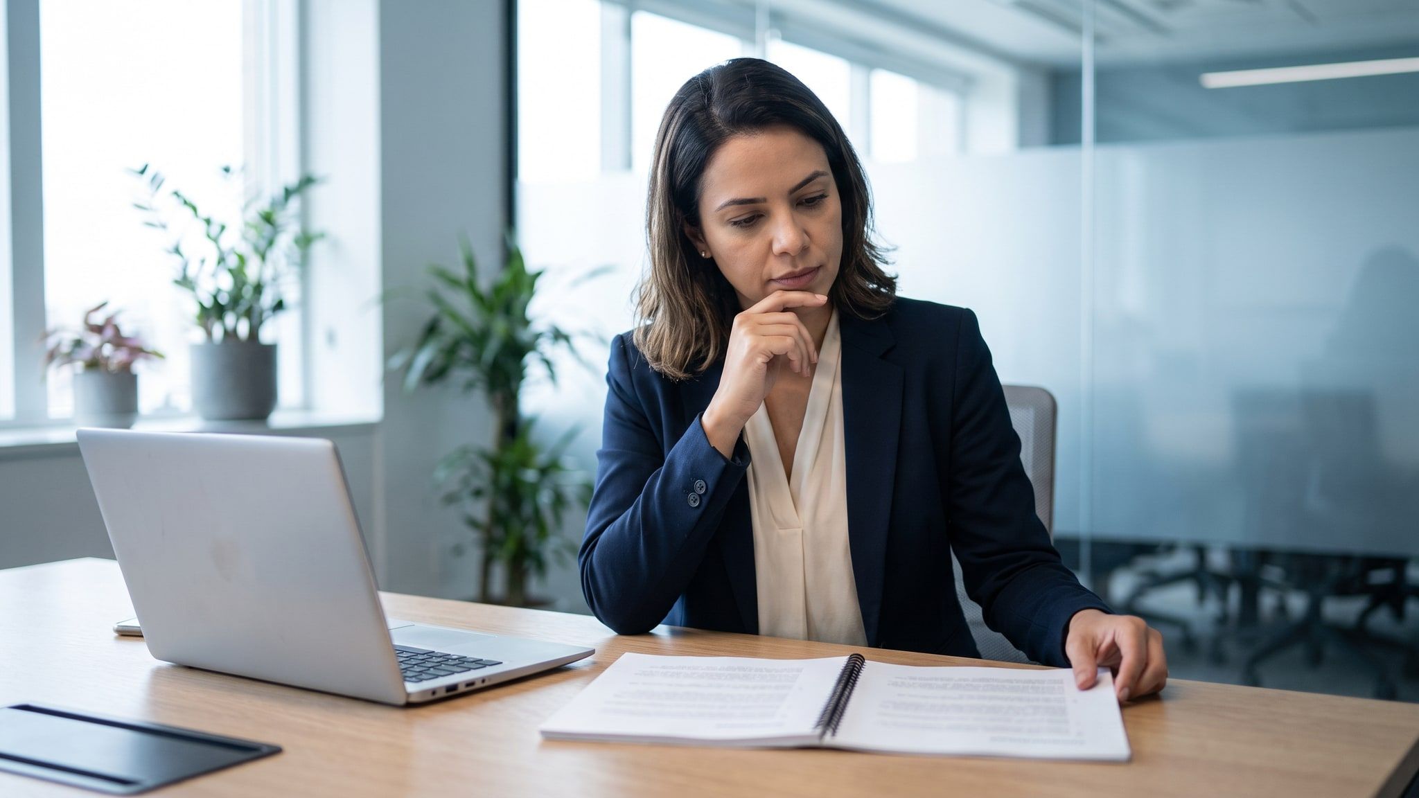 Gestora de RH compara duas propostas impressas lado a lado em uma mesa clara, com o notebook aberto
