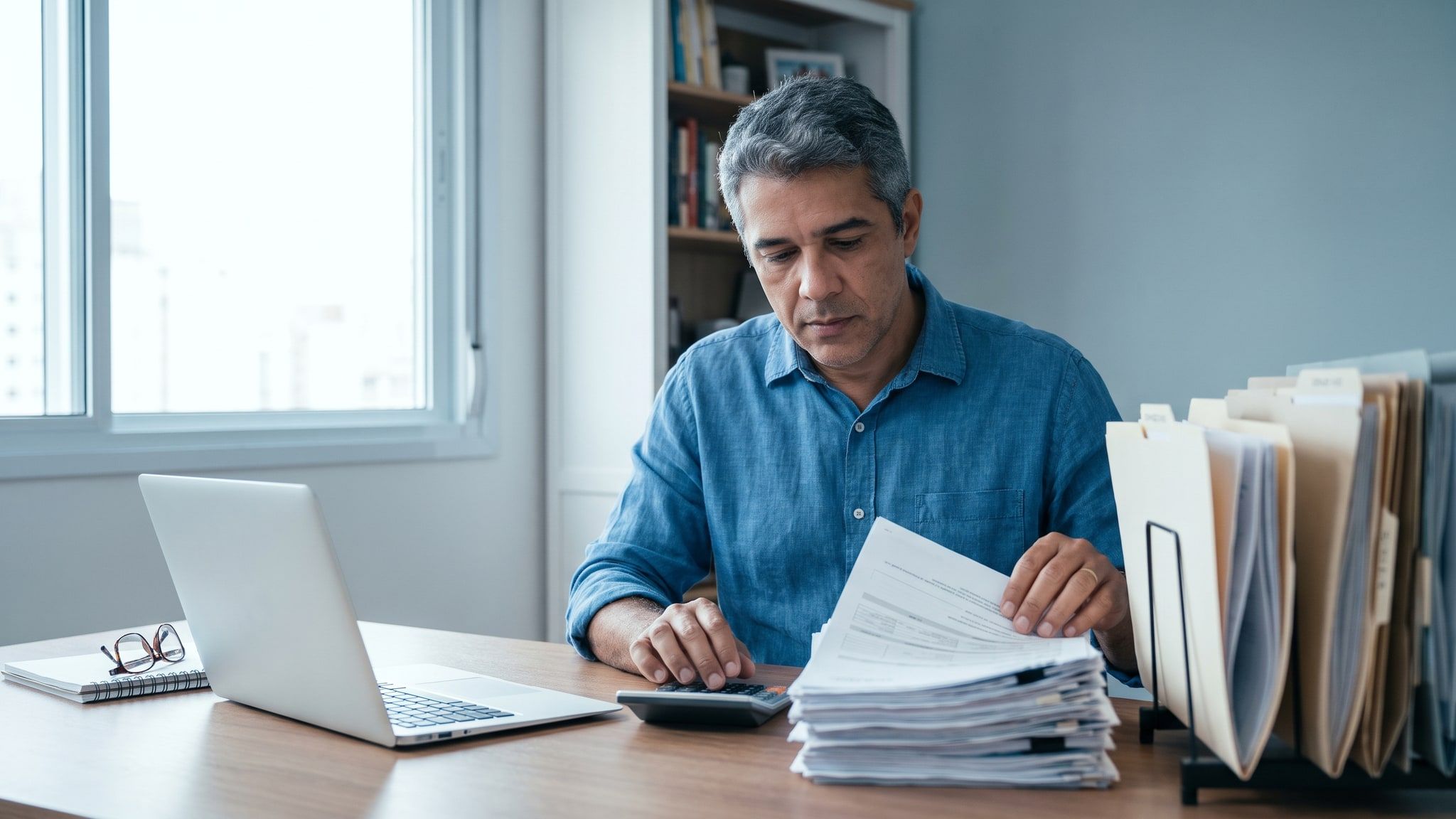 Contador revisa documentos empilhados com calculadora e notebook em uma mesa clara, com pastas organizadas