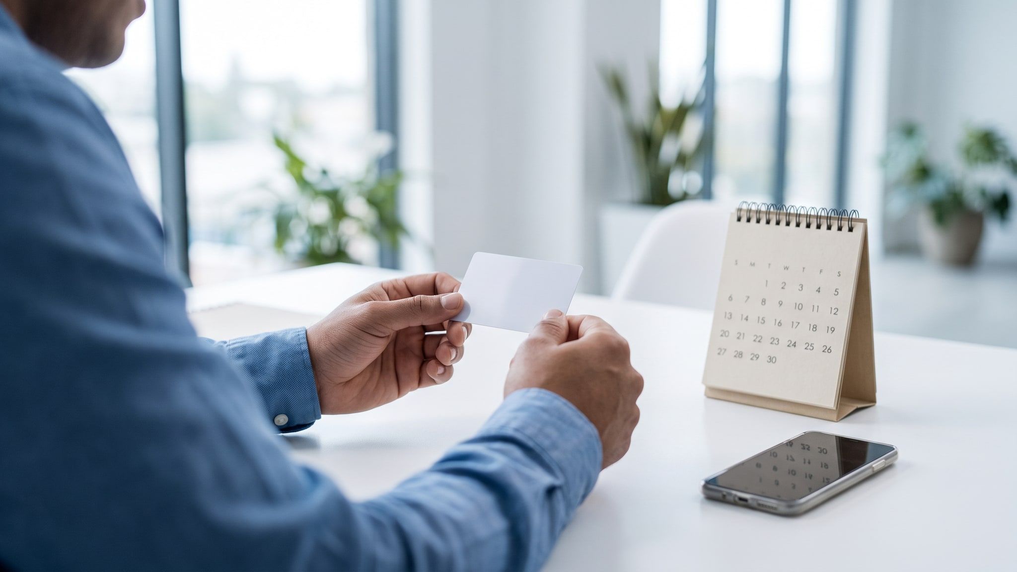 Mãos de um gestor seguram um cartão de plano de saúde em branco ao lado de um calendário de mesa e um celular