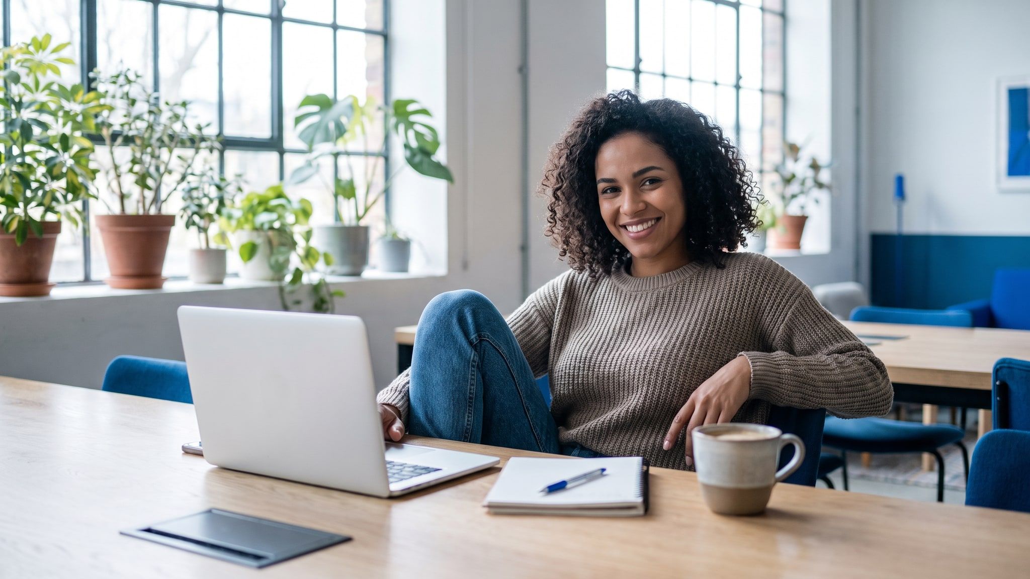 Profissional autônoma sorri trabalhando em um notebook em um coworking iluminado, com plantas e cadeiras azuis ao fundo