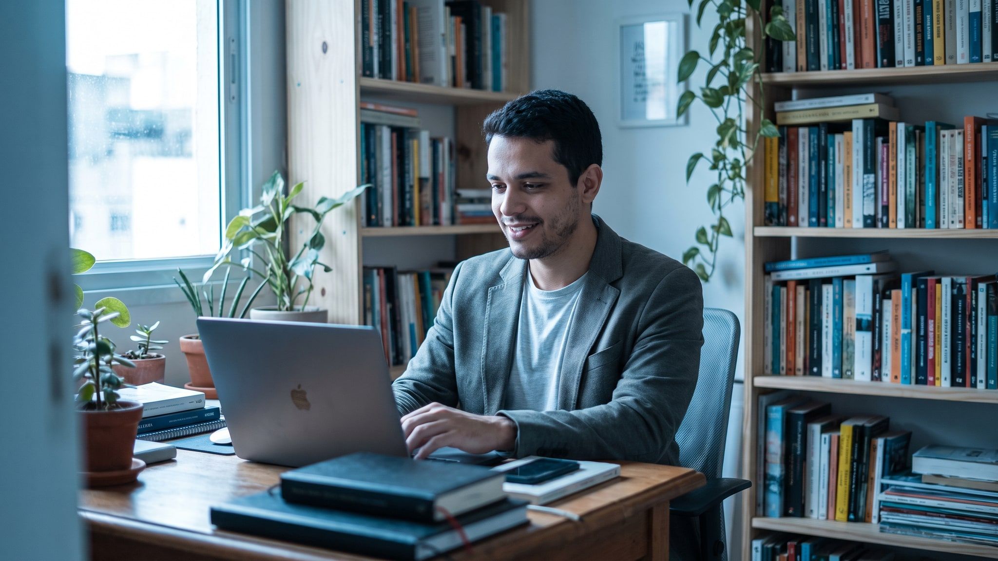 Advogado autônomo jovem trabalha no notebook em um escritório pequeno e iluminado, com estante de livros ao fundo