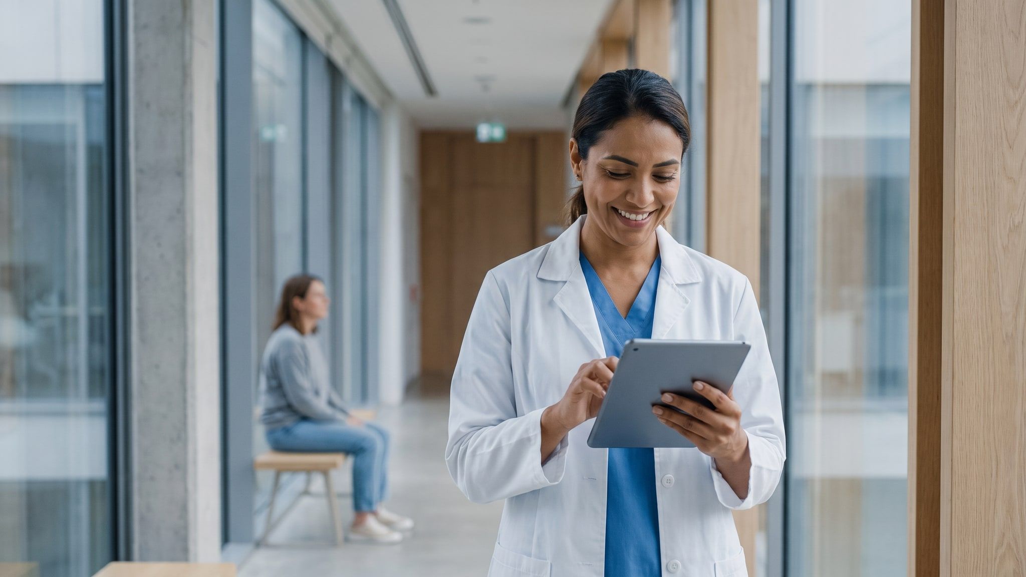 Médica simpática de jaleco consulta um tablet no corredor de uma clínica moderna e iluminada