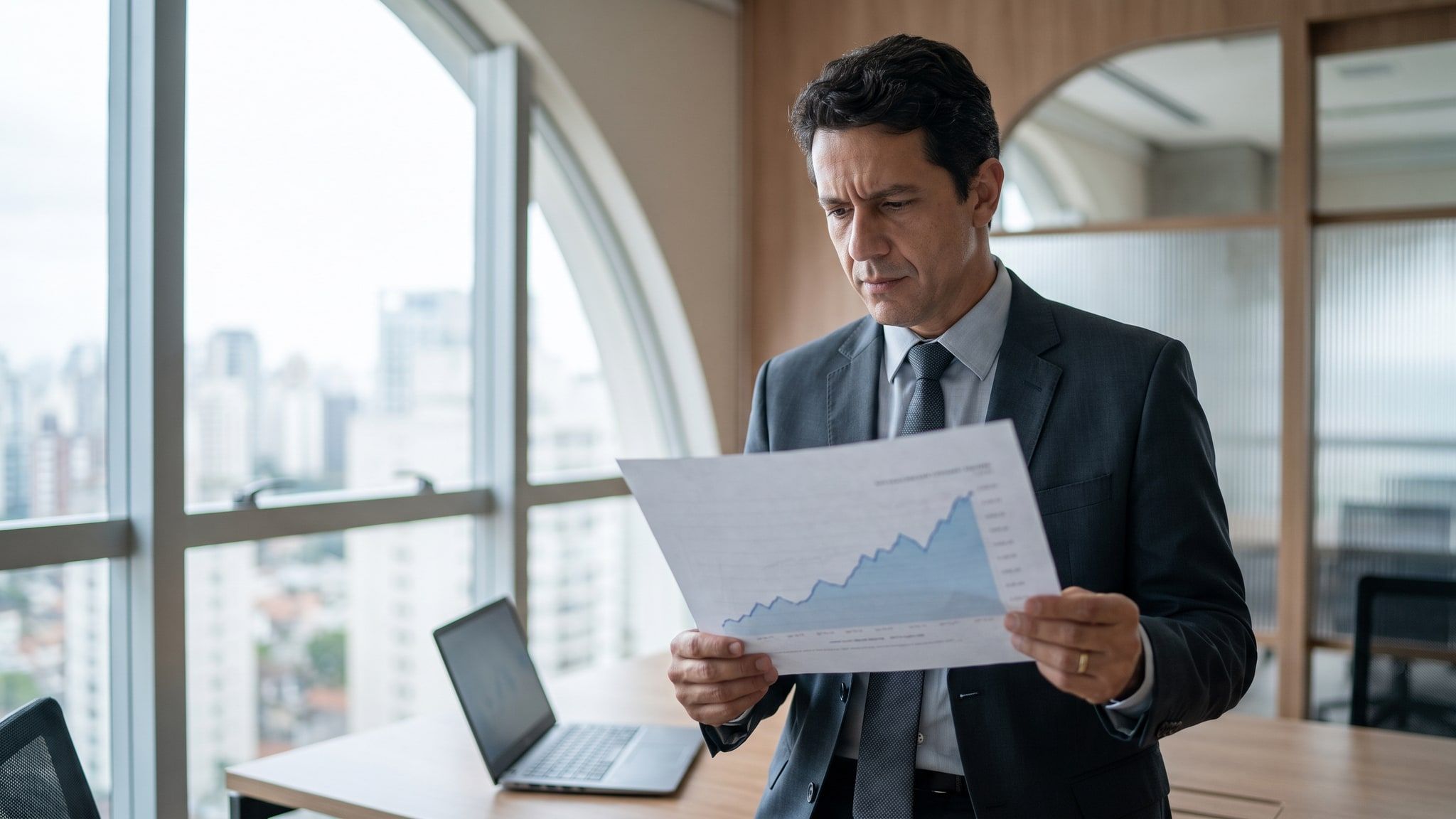 Gestor financeiro em pé junto à janela analisa um gráfico de linha impresso, com o notebook sobre a mesa
