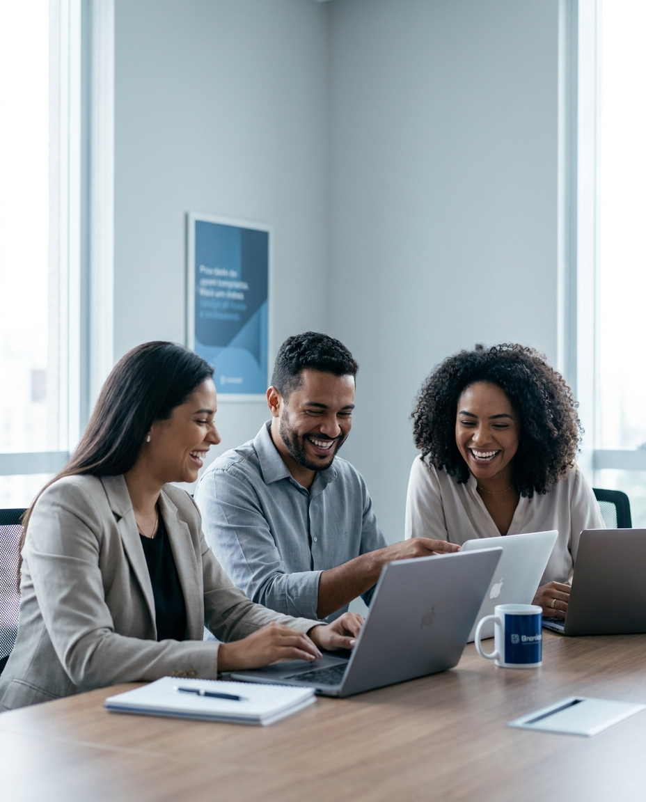 Equipe diversa de uma empresa reunida em um escritório claro