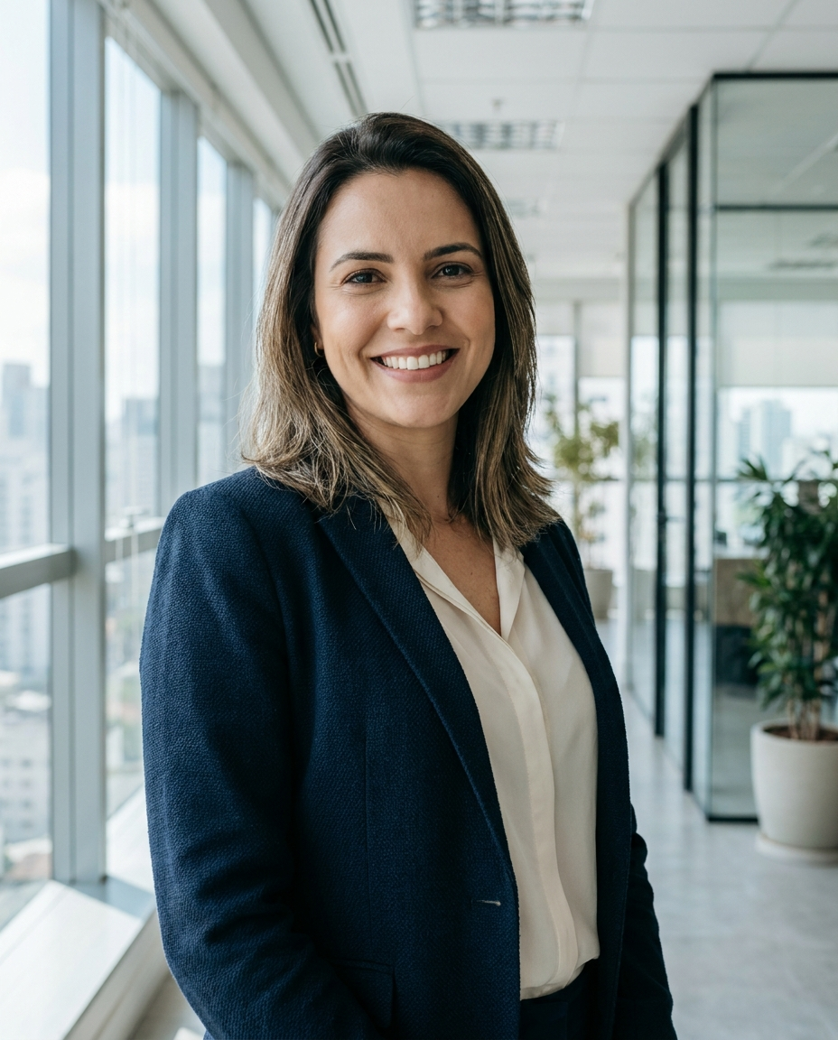 Gestora de RH satisfeita em um escritório claro